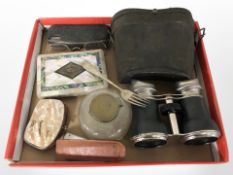Miscellaneous collectibles : pair of opera glasses, antique spectacles, silver dessert fork,