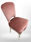 A continental painted bedroom chair upholstered in pink draylon, width 48 cm.