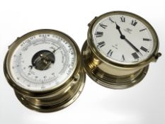 A Schatz brass circular quartz ships time piece and similar barometer