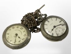 Two vintage open faced pocket watches, one with Albert chain.