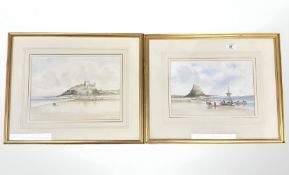 Tom MacDonald : Figures on the beach at Bamburgh and Lindisfarne, two watercolours framed as a pair,