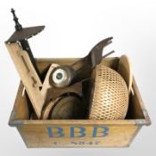 Wicker items, mangle board, carved shallow dish, wicker light shade,