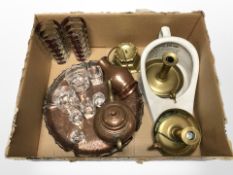 A group of brass and copper items, drinking glasses, pair of French two-tone vases,