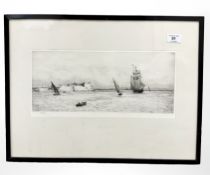 William Lionel Wyllie (1851-1931) : Syracuse, dry point etching, 16 cm x 37 cm.