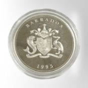 A Barbados 1995 Nations United for Peace 0.925 silver 5 dollar coin, 28.4g.