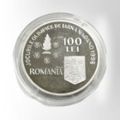 A Romania 1998 (Winter Olympics) 100 Lei, 0.925 silver coin, 27.3g.