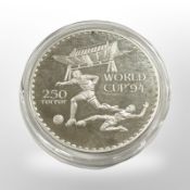 A Mongolia 250 Togrog World Cup '94 0.925 silver coin, 31.6g.