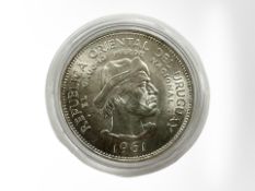 A 1961 Uruguay 10 Pesos 0.900 silver coin, 12.5g.