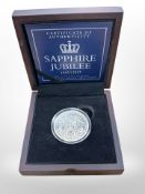 A Sapphire Jubilee 1952 - 2017 0.925 silver proof five pound coin, 28.