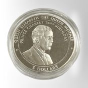 A Kiribati 1998 50th Birthday of Prince Charles 0.925 silver five dollar coin, 31.3g.