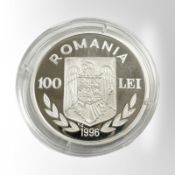 A Romania 1996 100 Lei (Canoe) 0.925 silver coin, 27.1g.