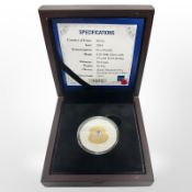 A Queen Elizabeth II Jersey 2014 0.925 silver five pound coin with 24ct gold plating, 28.28g, cased.