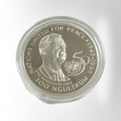 A Bhutan 1995 United Nations 0.925 silver 300 Ngultrum coin, 28.5g.