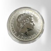 A Queen Elizabeth II 1998 Britannia 2 pound fine silver 0.999 coin, 32.6g.