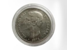A Spanish 5 Pesetas 1876 0.900 silver coin, 24.6g.