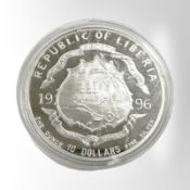 A Republic of Liberia 1996 10 dollar 0.999 fine silver coin, 31.3g.