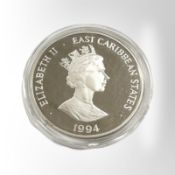 An Eastern Caribbean States 1994 10 dollar World Cup 0.925 silver coin, 28.2g.