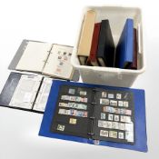 Nine albums including locomotive Philatelica, World stamps, stock albums,