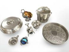 A group of silver plated wares to include dish and cover, sugar scuttle, bottle opener,