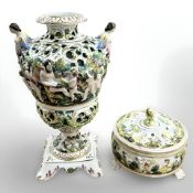 A Capodimonte porcelain lidded jar and cover, height 15 cm, together with a further Capodimonte urn,