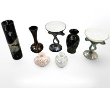 A group of seven coloured art glass pieces, Mdina glass, etc, tallest 21 cm.