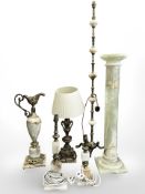 A group of ormolu mounted onyx decorative objects, table lamps, standard lamp,