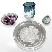 Four pieces of coloured and clear glass including a signed etched floral plate