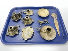 A group of decorative brass wares, to include chamber candlesticks, leaf dishes, frog ornament,