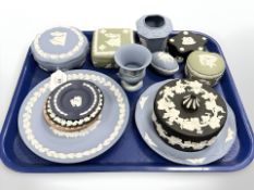 Thirteen pieces of Wedgwood Jasperware china including colour ways in blue, green,