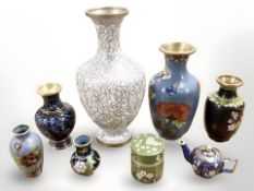 A group of eight cloisonne enamelled vases and decorative objects,