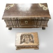 An antique oak musical jewellery casket, width 16 cm,