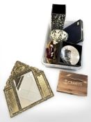 A group of decorative objects including wooden bowl, metal ornament, lacquered pot,