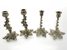 Two pairs of ornate brass miniature candlesticks, tallest 14 cm.