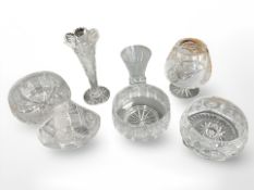 A group of cut crystal to include tall vase, fruit bowls,
