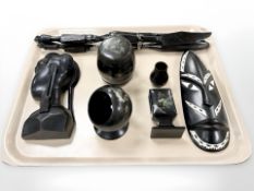 A group of far Eastern lacquer ware, African carvings, etc.