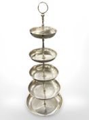 A stainless steel five-tier cake stand,