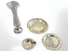 A silver coaster, together with an etched glass vase mounted on sterling silver base, height 15.