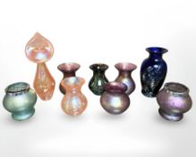 A group of iridescent art glass, tallest 19 cm.