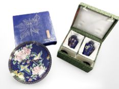 A pair of Cloisonne enamelled vases, in fitted case with stands,