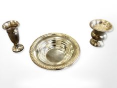 A sterling silver coaster, together with two small silver vases / tooth pick holders.