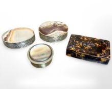 A 19th century tortoise shell snuff box, width 7.