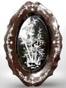 A Japanese mother of pearl lacquer tray, decorated with bamboo and birds, width 60 cm.