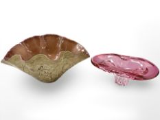 Two continental coloured glass dishes / vases, largest width 40 cm.