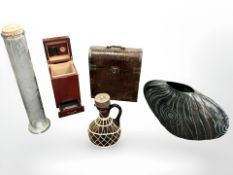 A group of items to include a humidor with lid, wine bottle carrier,