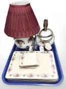 A pair of Royal Albert Old Country Roses table lamps (one with shade),