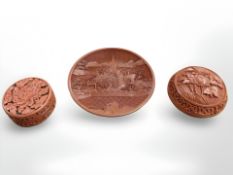 Three pieces of Chinese red cinnabar lacquer ware, largest diameter 15 cm.