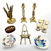 A group of brass and metal wares to include pair of onyx candlesticks, height 22 cm, brass easel,