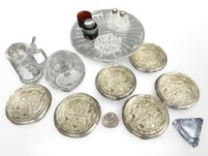 A group of crystal and glass including comport, measuring cup in case, tankard with boat decoration,