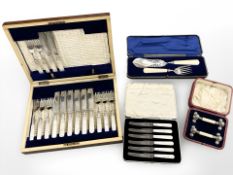 Four cases of cutlery items to include mother of pearl-handled,
