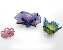 Three pieces of continental coloured glass, basket, vase, dish, largest diameter 30 cm.